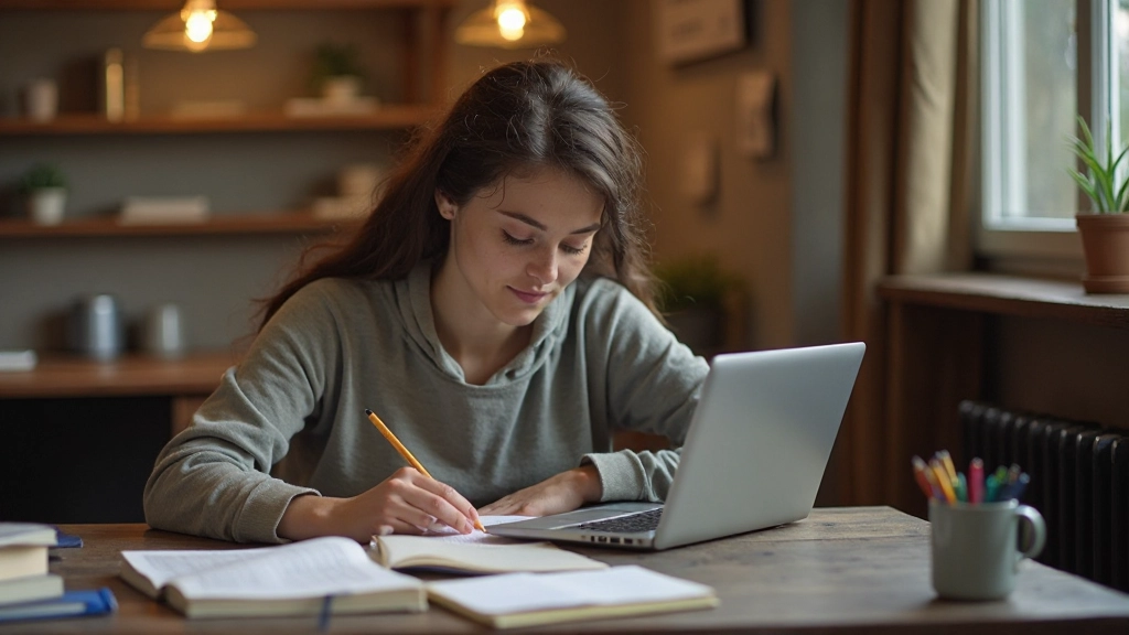Persoon studeert Nederlands met boeken, notitieboekje en laptop aan een gezellige werkplek met warm licht