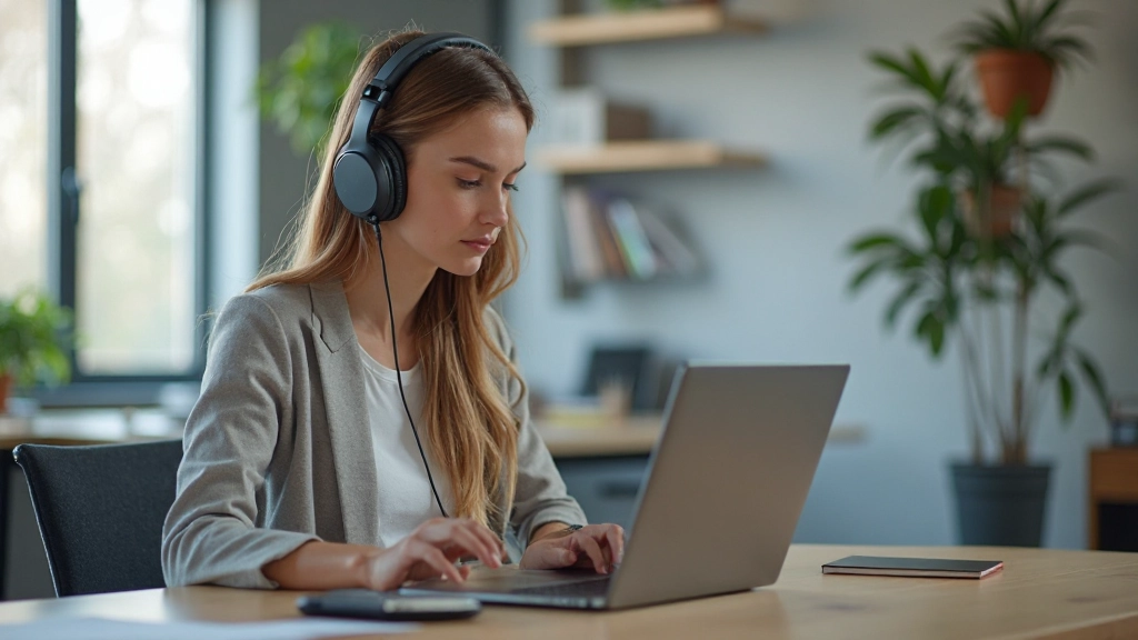 Vrouw met koptelefoon luistert naar Nederlands spraakmateriaal op laptop in modern kantoor